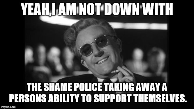 dr strangelove | YEAH,I AM NOT DOWN WITH THE SHAME POLICE TAKING AWAY A PERSONS ABILITY TO SUPPORT THEMSELVES. | image tagged in dr strangelove | made w/ Imgflip meme maker