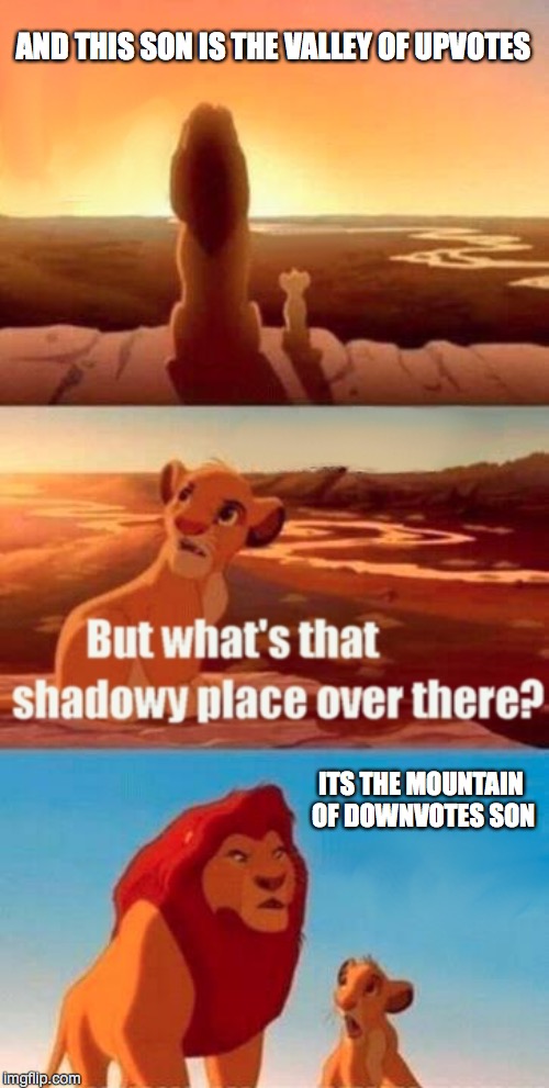 Simba Shadowy Place | AND THIS SON IS THE VALLEY OF UPVOTES; ITS THE MOUNTAIN OF DOWNVOTES SON | image tagged in memes,simba shadowy place | made w/ Imgflip meme maker