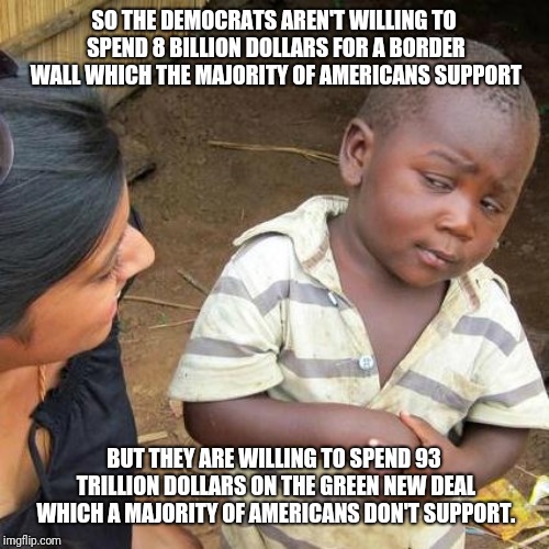 Tell me again who the party of the people is? | SO THE DEMOCRATS AREN'T WILLING TO SPEND 8 BILLION DOLLARS FOR A BORDER WALL WHICH THE MAJORITY OF AMERICANS SUPPORT; BUT THEY ARE WILLING TO SPEND 93 TRILLION DOLLARS ON THE GREEN NEW DEAL WHICH A MAJORITY OF AMERICANS DON'T SUPPORT. | image tagged in memes,third world skeptical kid | made w/ Imgflip meme maker