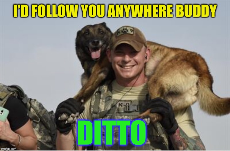 Doggo Week March 10-16 a Blaze_the_Blaziken and 1forpeace Event.Dedicated to all those dogs who work hard and play hard. | I’D FOLLOW YOU ANYWHERE BUDDY; DITTO | image tagged in doggo week,army dogs,police dogs,all working dogs,comrades and besties | made w/ Imgflip meme maker