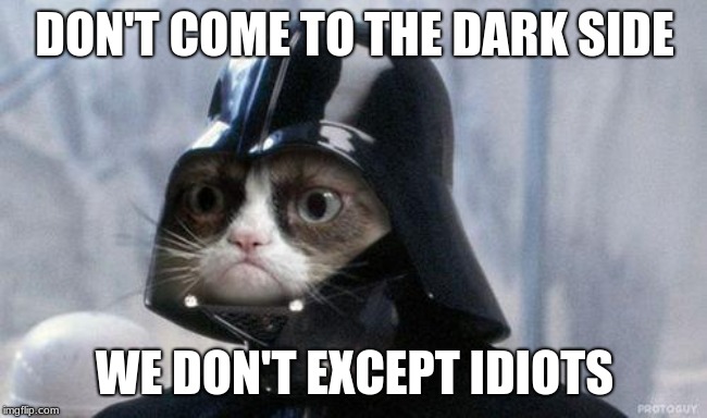 Darth grumpiness | DON'T COME TO THE DARK SIDE; WE DON'T EXCEPT IDIOTS | image tagged in memes,grumpy cat star wars,grumpy cat | made w/ Imgflip meme maker