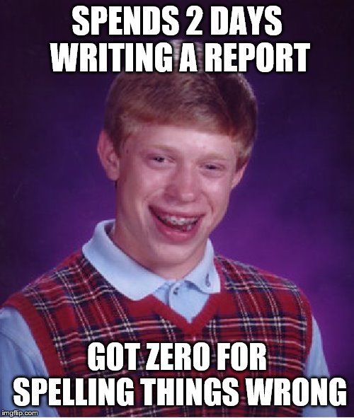 Bad Luck Brian Meme | SPENDS 2 DAYS WRITING A REPORT; GOT ZERO FOR SPELLING THINGS WRONG | image tagged in memes,bad luck brian | made w/ Imgflip meme maker