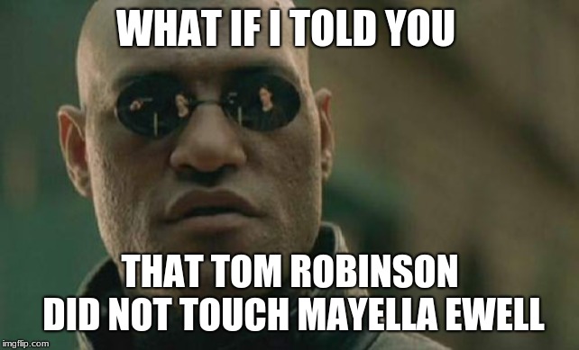 Matrix Morpheus Meme | WHAT IF I TOLD YOU; THAT TOM ROBINSON DID NOT TOUCH MAYELLA EWELL | image tagged in memes,matrix morpheus | made w/ Imgflip meme maker