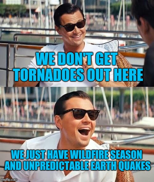 Leonardo Dicaprio Wolf Of Wall Street Meme | WE DON'T GET TORNADOES OUT HERE WE JUST HAVE WILDFIRE SEASON AND UNPREDICTABLE EARTH QUAKES | image tagged in memes,leonardo dicaprio wolf of wall street | made w/ Imgflip meme maker