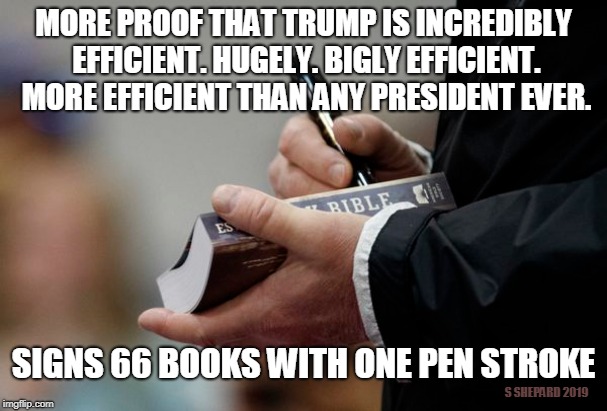 Trump Signs 66 Books In One Pen Stroke | MORE PROOF THAT TRUMP IS INCREDIBLY EFFICIENT. HUGELY. BIGLY EFFICIENT. MORE EFFICIENT THAN ANY PRESIDENT EVER. SIGNS 66 BOOKS WITH ONE PEN STROKE; S SHEPARD 2019 | image tagged in trump,donald trump,bible,signature,signing | made w/ Imgflip meme maker