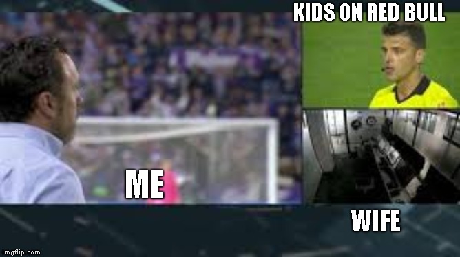 VAR | KIDS ON RED BULL; ME; WIFE | image tagged in var,no var,no help,no working | made w/ Imgflip meme maker