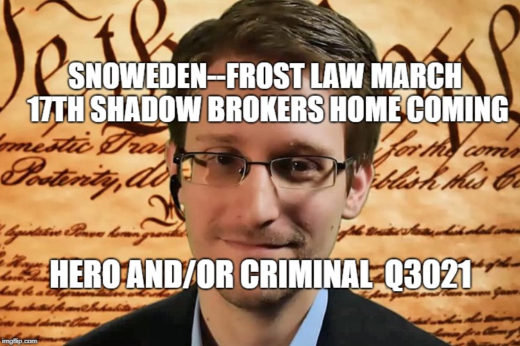 Snowden | SNOWEDEN--FROST LAW MARCH 17TH SHADOW BROKERS HOME COMING; HERO AND/OR CRIMINAL  Q3021 | image tagged in snowden | made w/ Imgflip meme maker