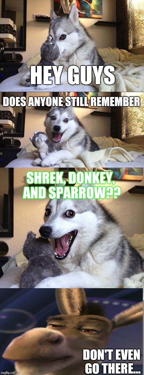 Advertising to get to the front page don't mind me. | HEY GUYS; DOES ANYONE STILL REMEMBER; SHREK, DONKEY, AND SPARROW?? DON'T EVEN GO THERE... | image tagged in memes,bad pun dog | made w/ Imgflip meme maker