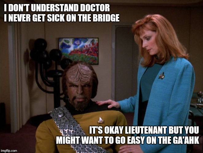 It's okay, Worf. | I DON'T UNDERSTAND DOCTOR I NEVER GET SICK ON THE BRIDGE IT'S OKAY LIEUTENANT BUT YOU MIGHT WANT TO GO EASY ON THE GA'AHK | image tagged in it's okay worf | made w/ Imgflip meme maker