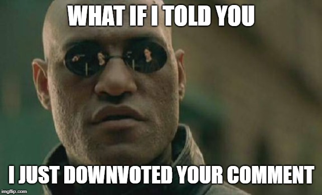 Matrix Morpheus Meme | WHAT IF I TOLD YOU I JUST DOWNVOTED YOUR COMMENT | image tagged in memes,matrix morpheus | made w/ Imgflip meme maker