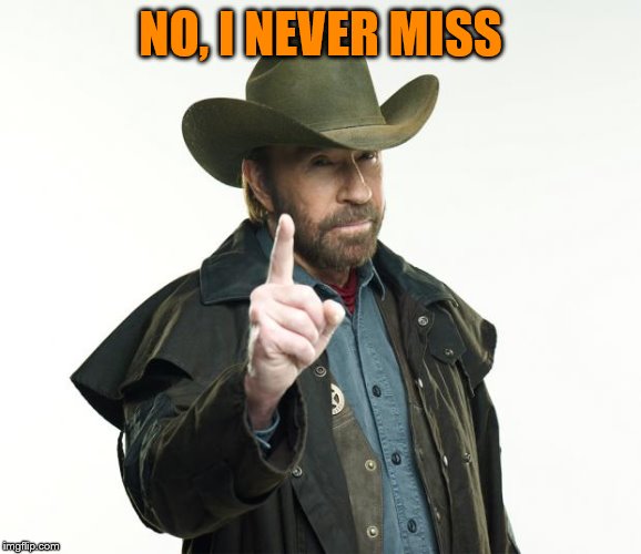 Chuck Norris Finger Meme | NO, I NEVER MISS | image tagged in memes,chuck norris finger,chuck norris | made w/ Imgflip meme maker