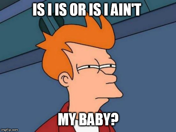 Futurama Fry Meme | IS I IS OR IS I AIN'T; MY BABY? | image tagged in memes,futurama fry | made w/ Imgflip meme maker