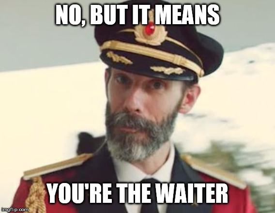 Captain Obvious | NO, BUT IT MEANS YOU'RE THE WAITER | image tagged in captain obvious | made w/ Imgflip meme maker