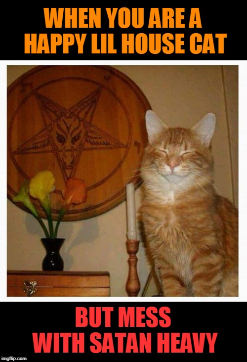 WHEN YOU ARE A HAPPY LIL HOUSE CAT; BUT MESS WITH SATAN HEAVY | image tagged in cats,satanism,smile | made w/ Imgflip meme maker