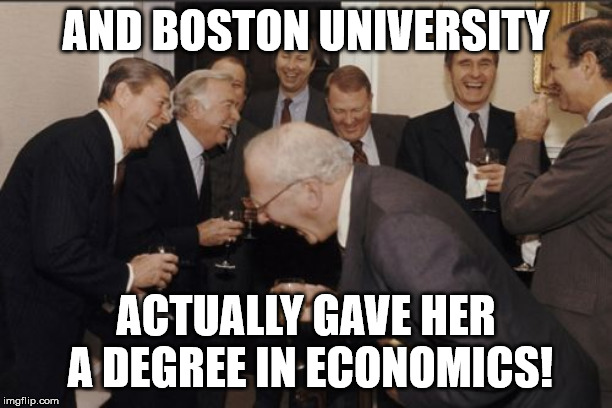 Bachelor of Arts degree though, she can make a graph pretty, too bad she doesn't understand what it means! | AND BOSTON UNIVERSITY; ACTUALLY GAVE HER A DEGREE IN ECONOMICS! | image tagged in memes,laughing men in suits,ocasio-cortez super genius | made w/ Imgflip meme maker