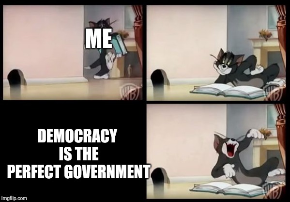tom and jerry book | ME; DEMOCRACY IS THE PERFECT GOVERNMENT | image tagged in tom and jerry book | made w/ Imgflip meme maker