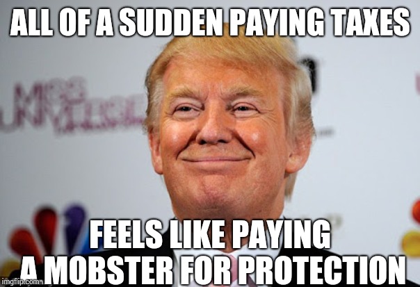 Even Though You Know They'll Never Be Any Protection | ALL OF A SUDDEN PAYING TAXES; FEELS LIKE PAYING A MOBSTER FOR PROTECTION | image tagged in donald trump approves,trump unfit unqualified dangerous,liar in chief,mob,crime profiteering,lock him up | made w/ Imgflip meme maker