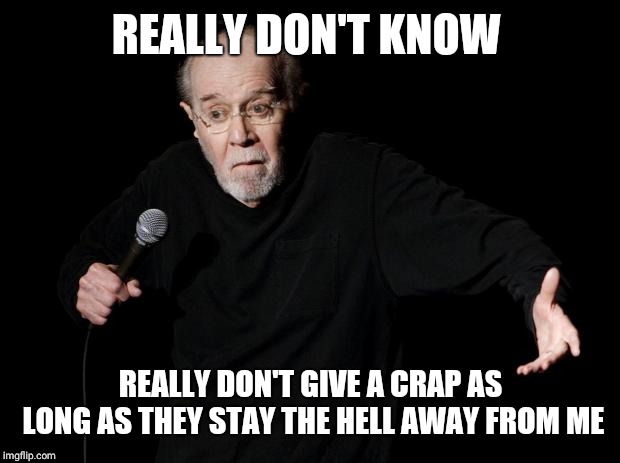 George Carlin | REALLY DON'T KNOW REALLY DON'T GIVE A CRAP AS LONG AS THEY STAY THE HELL AWAY FROM ME | image tagged in george carlin | made w/ Imgflip meme maker