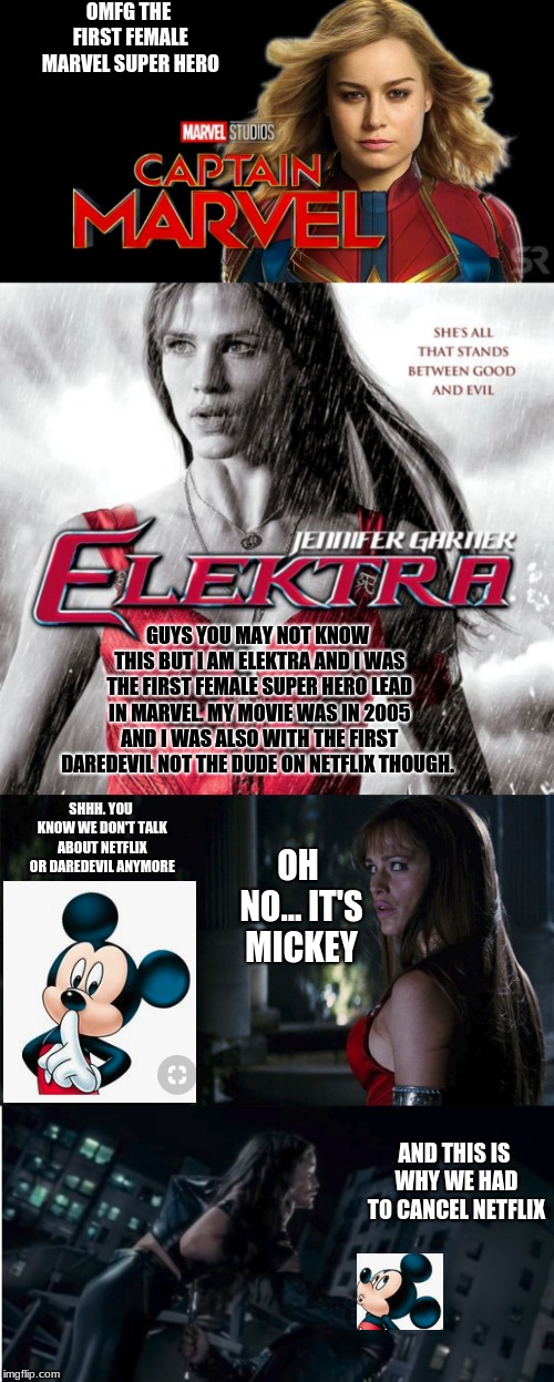 OMFG THE FIRST FEMALE MARVEL SUPER HERO; GUYS YOU MAY NOT KNOW THIS BUT I AM ELEKTRA AND I WAS THE FIRST FEMALE SUPER HERO LEAD IN MARVEL. MY MOVIE WAS IN 2005 AND I WAS ALSO WITH THE FIRST DAREDEVIL NOT THE DUDE ON NETFLIX THOUGH. SHHH. YOU KNOW WE DON'T TALK ABOUT NETFLIX OR DAREDEVIL ANYMORE; OH NO... IT'S MICKEY; AND THIS IS WHY WE HAD TO CANCEL NETFLIX | image tagged in captain marvel,elektra,marvel,disney,house of mouse,mickey mouse | made w/ Imgflip meme maker