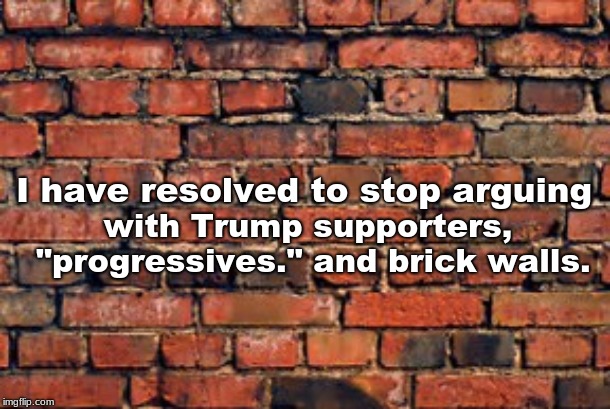 Brick wall | I have resolved to stop arguing; with Trump supporters, "progressives." and brick walls. | image tagged in brick wall | made w/ Imgflip meme maker