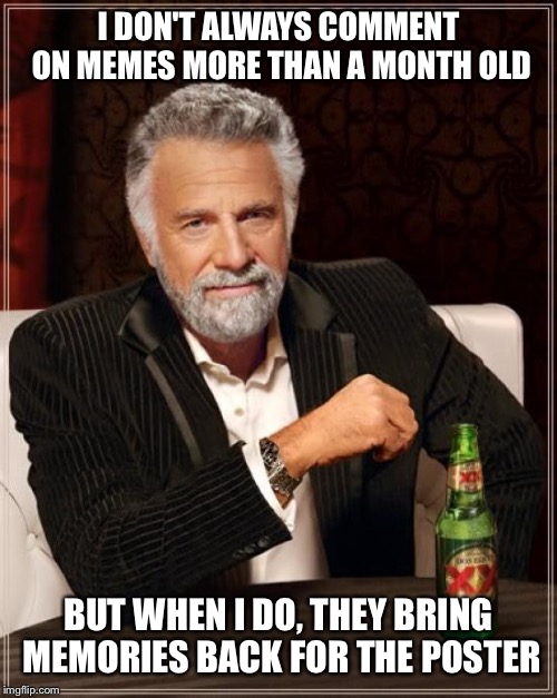 The Most Interesting Man In The World Meme | I DON'T ALWAYS COMMENT ON MEMES MORE THAN A MONTH OLD; BUT WHEN I DO, THEY BRING MEMORIES BACK FOR THE POSTER | image tagged in memes,the most interesting man in the world | made w/ Imgflip meme maker