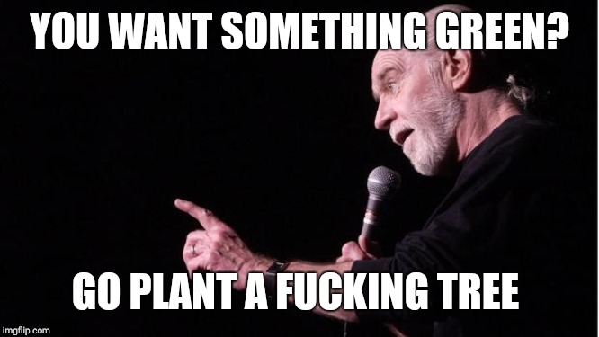 George Carlin | YOU WANT SOMETHING GREEN? GO PLANT A F**KING TREE | image tagged in george carlin | made w/ Imgflip meme maker