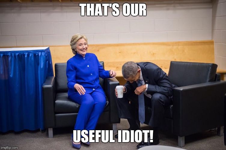 Hillary Obama Laugh | THAT'S OUR USEFUL IDIOT! | image tagged in hillary obama laugh | made w/ Imgflip meme maker
