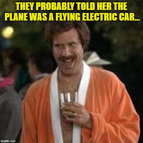 jokester | THEY PROBABLY TOLD HER THE PLANE WAS A FLYING ELECTRIC CAR... | image tagged in jokester | made w/ Imgflip meme maker