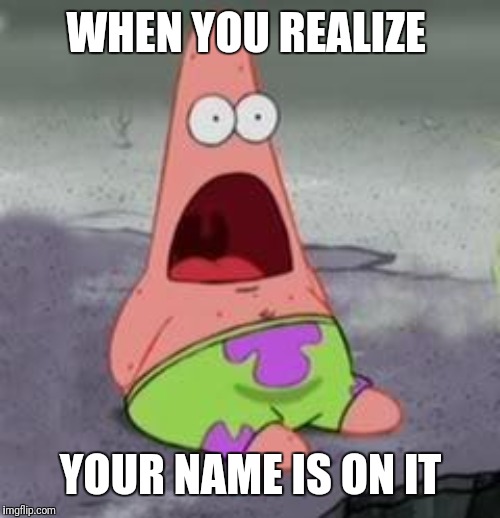 Suprised Patrick | WHEN YOU REALIZE YOUR NAME IS ON IT | image tagged in suprised patrick | made w/ Imgflip meme maker