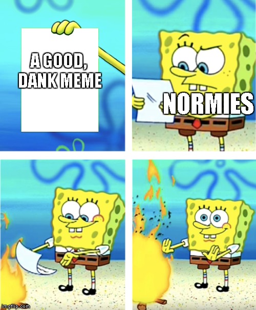 spongebob throwing paper into fire | A GOOD, DANK MEME; NORMIES | image tagged in spongebob throwing paper into fire | made w/ Imgflip meme maker