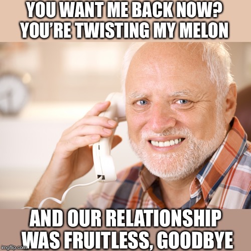 hide the pain harold phone | YOU WANT ME BACK NOW? YOU’RE TWISTING MY MELON AND OUR RELATIONSHIP WAS FRUITLESS, GOODBYE | image tagged in hide the pain harold phone | made w/ Imgflip meme maker