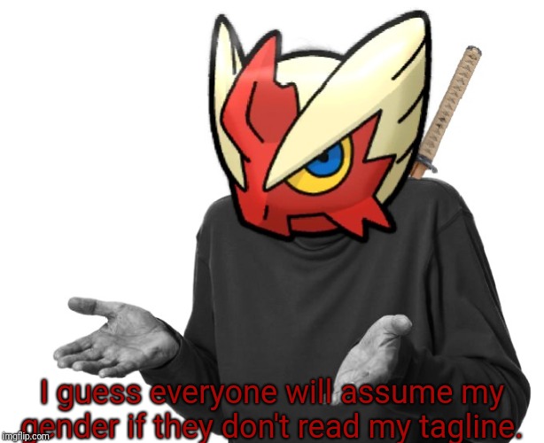 I guess I'll (Blaze the Blaziken) | I guess everyone will assume my gender if they don't read my tagline. | image tagged in i guess i'll blaze the blaziken | made w/ Imgflip meme maker