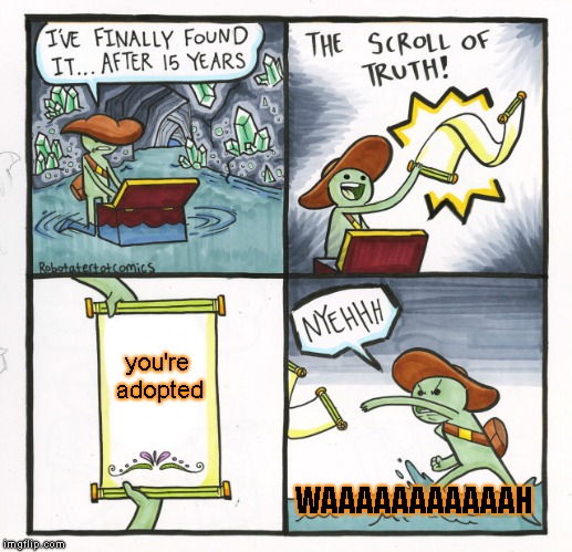 The Troll of the Booth | you're adopted; WAAAAAAAAAAAH | image tagged in memes,the scroll of truth | made w/ Imgflip meme maker