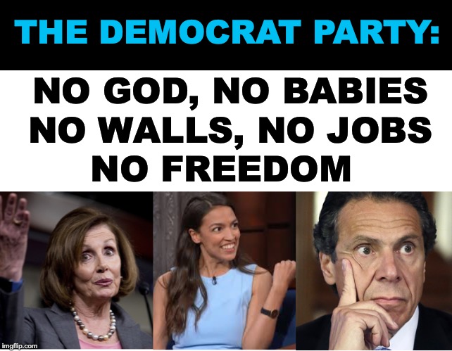 Democrats | THE DEMOCRAT PARTY:; NO GOD, NO BABIES; NO WALLS, NO JOBS; NO FREEDOM | image tagged in democrats,god,jobs,walls,babies,freedom of speech | made w/ Imgflip meme maker