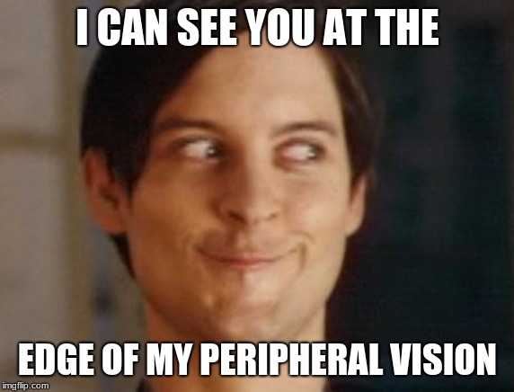 Spiderman Peter Parker | I CAN SEE YOU AT THE; EDGE OF MY PERIPHERAL VISION | image tagged in memes,spiderman peter parker | made w/ Imgflip meme maker