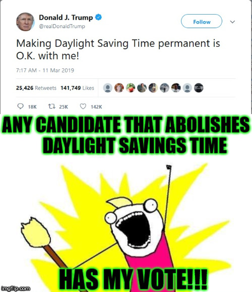 Yes, please stop the time changing madness!!! | !! | image tagged in memes,daylight saving time,donald trump,2020 elections,aint nobody got time for that,madness | made w/ Imgflip meme maker