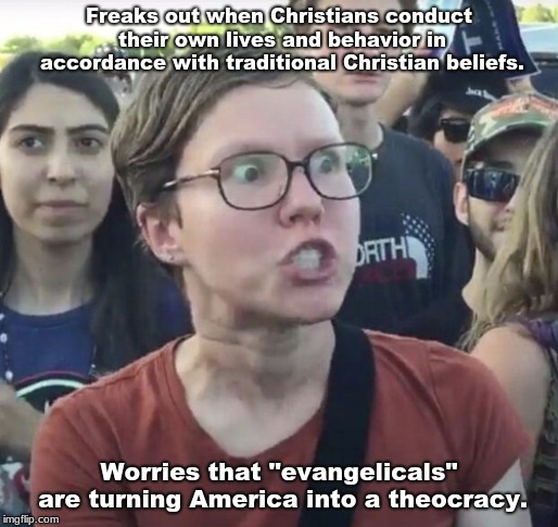 Triggered feminist | Freaks out when Christians conduct their own lives and behavior in accordance with traditional Christian beliefs. Worries that "evangelicals" are turning America into a theocracy. | image tagged in triggered feminist | made w/ Imgflip meme maker