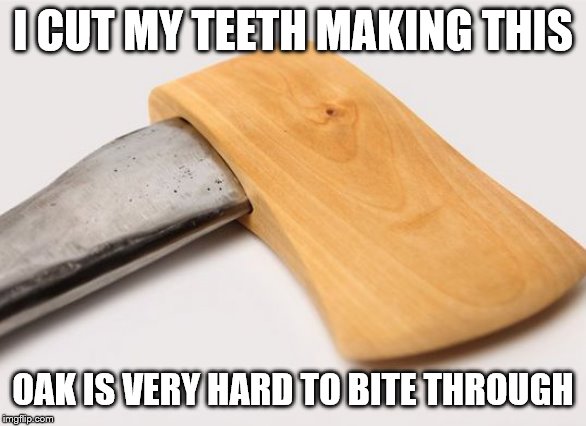 Not my work | I CUT MY TEETH MAKING THIS OAK IS VERY HARD TO BITE THROUGH | image tagged in wooden axe special,memes,biting | made w/ Imgflip meme maker