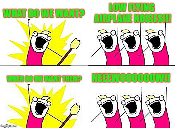 What Do We Want | WHAT DO WE WANT? LOW FLYING AIRPLANE NOISES!!! NEEEWOOOOOOW!! WHEN DO WE WANT THEM? | image tagged in memes,what do we want | made w/ Imgflip meme maker