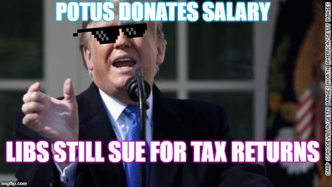 Trumps Taxes | POTUS DONATES SALARY; LIBS STILL SUE FOR TAX RETURNS | image tagged in trump taxes | made w/ Imgflip meme maker