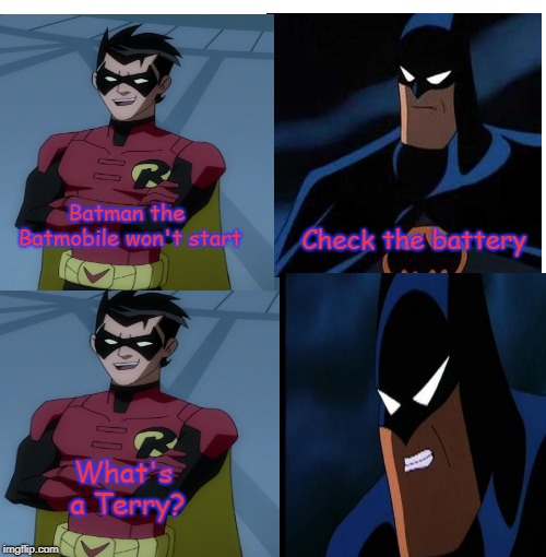 What's a Terry? | Check the battery; Batman the Batmobile won't start; What's a Terry? | image tagged in memes,blank starter pack,bad jokes,batman and superman,batman robin | made w/ Imgflip meme maker
