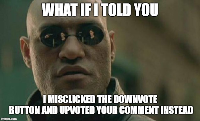 Matrix Morpheus Meme | WHAT IF I TOLD YOU I MISCLICKED THE DOWNVOTE BUTTON AND UPVOTED YOUR COMMENT INSTEAD | image tagged in memes,matrix morpheus | made w/ Imgflip meme maker