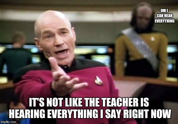 I hate it when teachers do that! | UM I CAN HEAR EVERYTHING; IT'S NOT LIKE THE TEACHER IS HEARING EVERYTHING I SAY RIGHT NOW | image tagged in memes,picard wtf | made w/ Imgflip meme maker