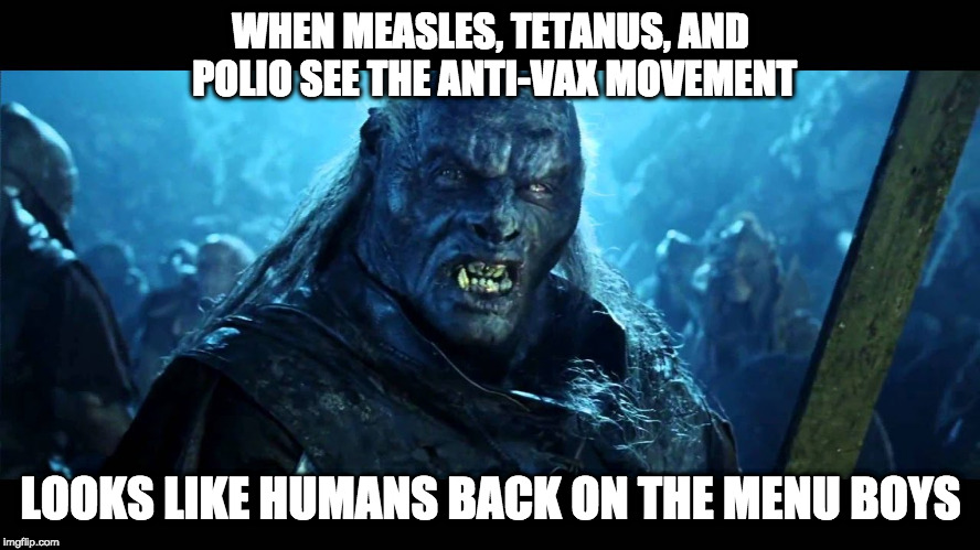 WHEN MEASLES, TETANUS, AND POLIO SEE THE ANTI-VAX MOVEMENT; LOOKS LIKE HUMANS BACK ON THE MENU BOYS | image tagged in lotrmemes | made w/ Imgflip meme maker