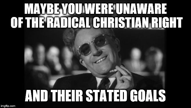 dr strangelove | MAYBE YOU WERE UNAWARE OF THE RADICAL CHRISTIAN RIGHT AND THEIR STATED GOALS | image tagged in dr strangelove | made w/ Imgflip meme maker