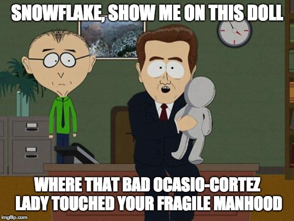Show me on this doll | SNOWFLAKE, SHOW ME ON THIS DOLL; WHERE THAT BAD OCASIO-CORTEZ LADY TOUCHED YOUR FRAGILE MANHOOD | image tagged in show me on this doll | made w/ Imgflip meme maker