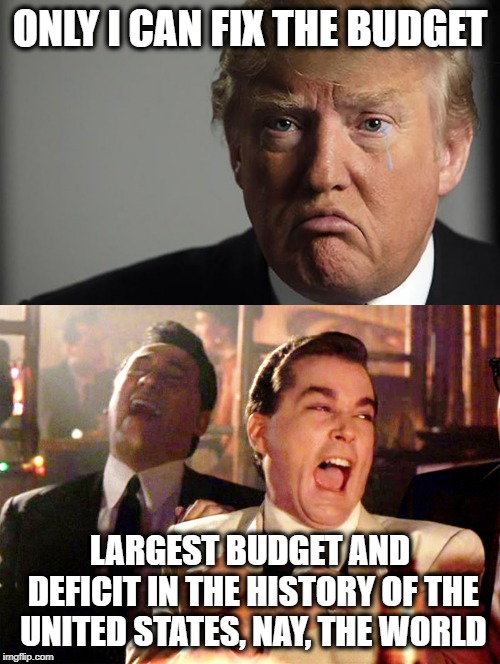 He loves bankruptcy, but we will have to pay for it | ONLY I CAN FIX THE BUDGET; LARGEST BUDGET AND DEFICIT IN THE HISTORY OF THE UNITED STATES, NAY, THE WORLD | image tagged in memes,good fellas hilarious,maga,politics,impeach trump | made w/ Imgflip meme maker
