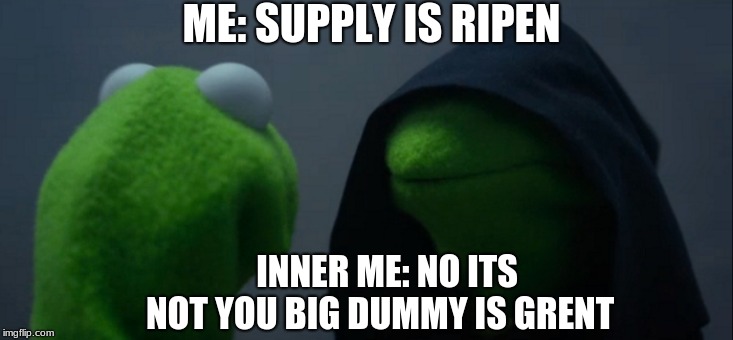 Evil Kermit Meme | ME: SUPPLY IS RIPEN; INNER ME: NO ITS NOT YOU BIG DUMMY IS GRENT | image tagged in memes,evil kermit | made w/ Imgflip meme maker