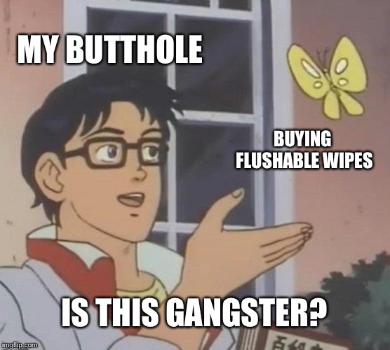 Is This A Pigeon Meme | MY BUTTHOLE; BUYING FLUSHABLE WIPES; IS THIS GANGSTER? | image tagged in memes,is this a pigeon | made w/ Imgflip meme maker