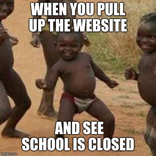 Third World Success Kid Meme | WHEN YOU PULL UP THE WEBSITE; AND SEE SCHOOL IS CLOSED | image tagged in memes,third world success kid | made w/ Imgflip meme maker